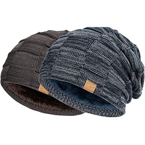 Vgogfly Slouchy Beanie for Men Winter Hats for Guys Cool Beanies Mens Lined Knit Warm Thick Skully Stocking Binie Hat Pairs - color: Navy / Coffee