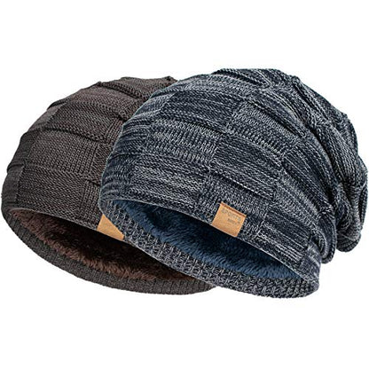 Vgogfly Slouchy Beanie for Men Winter Hats for Guys Cool Beanies Mens Lined Knit Warm Thick Skully Stocking Binie Hat Pairs - color: Navy / Coffee