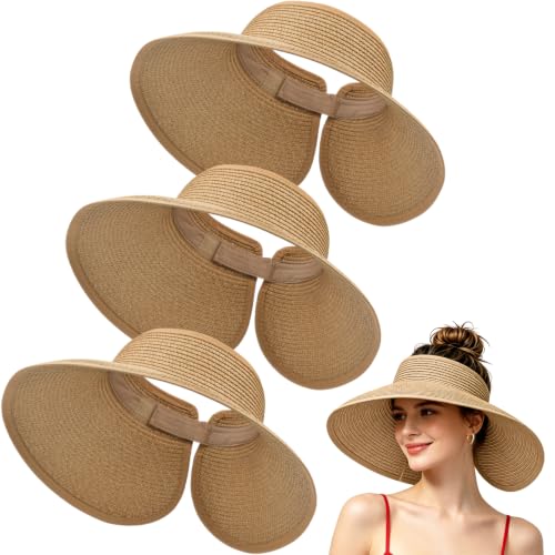 3 Pack Women's Straw Sun Visor Hat,Outdoor Wide Brim UV Protection Foldable,Adjustable Packable Ponytail Summer Sun Hat - color: 3 Pack Khaki