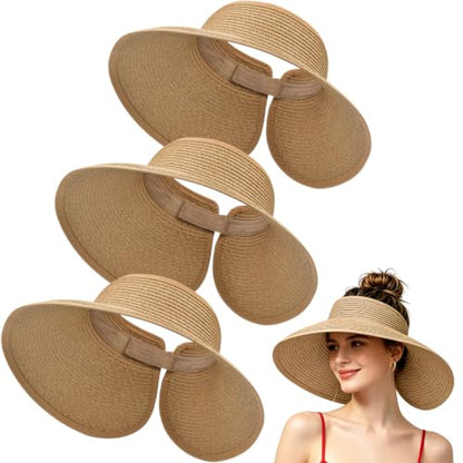3 Pack Women's Straw Sun Visor Hat,Outdoor Wide Brim UV Protection Foldable,Adjustable Packable Ponytail Summer Sun Hat - color: 3 Pack Khaki