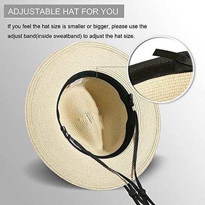 Lanzom Women Wide Brim Straw Panama Roll up Hat Fedora Beach Sun Hat UPF50+ - color: 01-fold Belt Khaki, size: One Size-Medium
