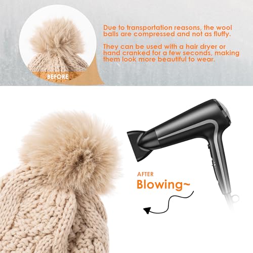 Women's Winter Pompom Beanie Warm and Cozy Knit Hat Fleece Lining Skull Cap for Women - color: Beige