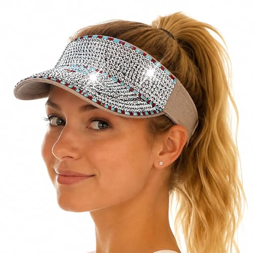 Shiny Women's Bling Rhinestone Visor Sun Protection for Tennis Golf Beach - color: Khakisliverf