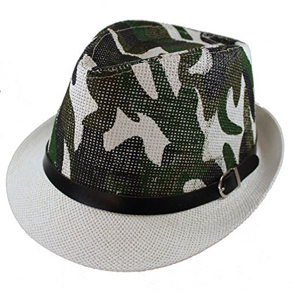 Gelante Summer Fedora Panama Straw Hats with Black Band - color: White Camo, size: Small-Medium
