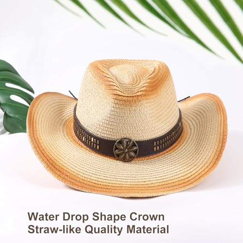 AQOKKA Straw Cowboy Hats for Women Men Western Cowgirl Hats with Shapeable Brim Woven Hollow Out Unisex Beach Roll Up Caps - color: Spray-painted Cowboy Hats : Beige+khaki