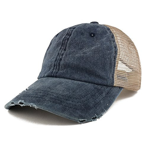 Trendy Apparel Shop Pigment Dyed Front Mesh Back Frayed Bill Trucker Cap - color: Navy