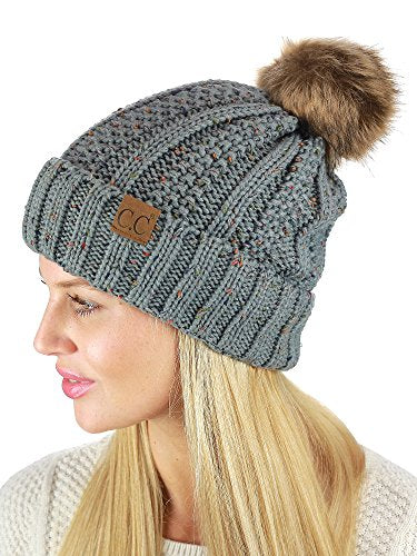 C.C Thick Cable Knit Faux Fuzzy Fur Pom Fleece Lined Skull Cap Cuff Beanie - color: Confetti Natural Gray