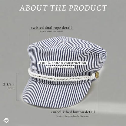 Funky Junque Greek Fisherman Newsboy Cap, Cotton Captains Bakerboy Hat - color: Cotton Pinstripes - Navy