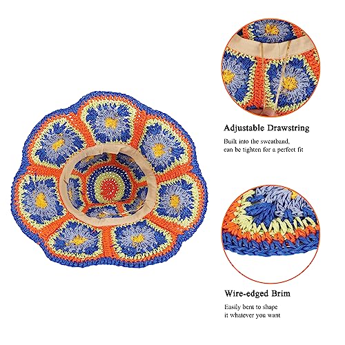 Womens Multicolor Floral Crochet Straw Sun Hat Wide Brim Summer Beach Hat - color: Blue