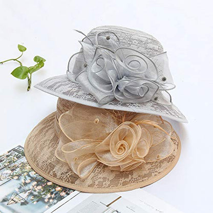 Women's Kentucky Derby Church Dress Hat Wide Brim Leaf Flower Bridal Shower Hat - color: R3 Lightbrown