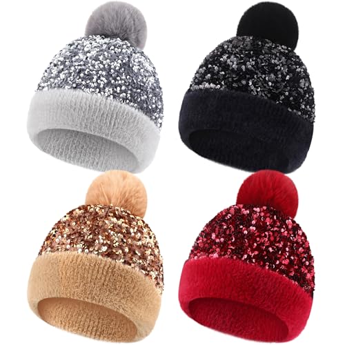 4 Pcs Sequin Pom Pom Beanie Winter - color: Black,silver,gold,wine Red