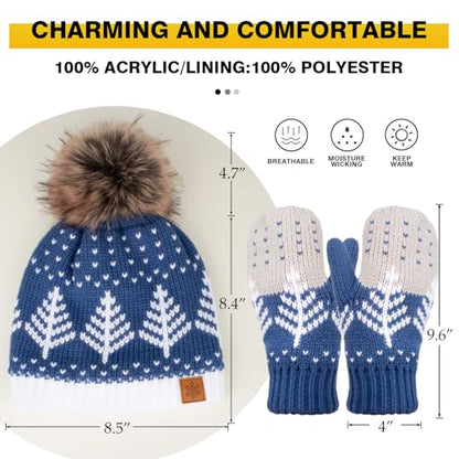 Womens Winter Knit Beanie Fleece Lined Hat with Pom Thick Warm Cable Hat for Women Men Teens - color: Blue Set