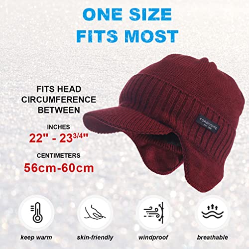 Ruphedy Mens Beanie with Brim Winter Hat Knitted Thick Fleece Visor Beanie - color: B323-claret
