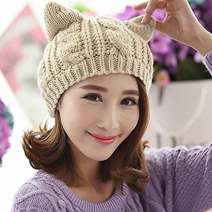 Women Winter Wool Baggy Beret Beanie Cute Devil Cat Ear Crochet Braided Knit Hat Ski Cap - color: Beige