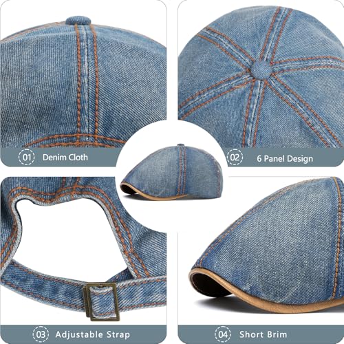 meioro Mens Denim Newsboy Hat 6 Panel Cotton Adjustable Flat Cap - color: Medium Blue