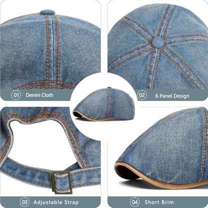 meioro Mens Denim Newsboy Hat 6 Panel Cotton Adjustable Flat Cap - color: Medium Blue