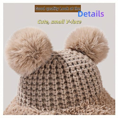 Womens Winter Knitted Beanie Hat with Double Faux Fur Pompom Fuzzy Warm Knit Ski Skull Cap for Women - color: White