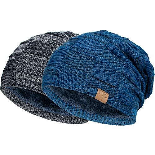Vgogfly Slouchy Beanie for Men Winter Hats for Guys Cool Beanies Mens Lined Knit Warm Thick Skully Stocking Binie Hat Pairs - color: Blue / Navy