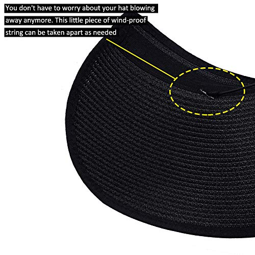 Women Sun Visors Foldable Straw Hats Summer Beach Packable Hat Floppy Wide Brim Cap Deep Style, Adjustable Size - color: Black 3