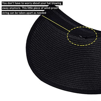 Women Sun Visors Foldable Straw Hats Summer Beach Packable Hat Floppy Wide Brim Cap Deep Style, Adjustable Size - color: Black 3