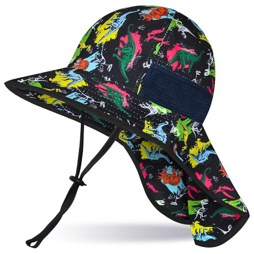 Girls Sun Hat for Kids UV Protection Unicorn Summer Hat Beach Play Hats Wide Brim Neck Flap for Girls Ponytail Hat 2-9 Years - color: Dinosaur