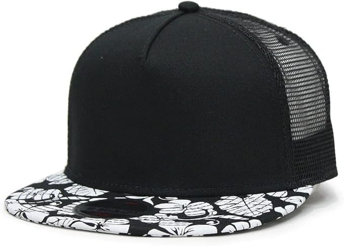 Ashen Fane 5 Panel Flat Visor Mesh Back Trucker Snapback Hat - color: Hawaiian/Blk