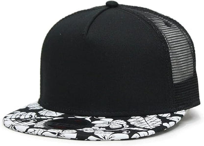 Ashen Fane 5 Panel Flat Visor Mesh Back Trucker Snapback Hat - color: Hawaiian/Blk