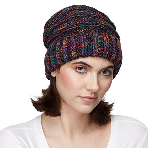 C.C Hat-100 Oversized Baggy Slouch Thick Warm Cap Hat Skully Cable Knit Beanie - color: Black Multi