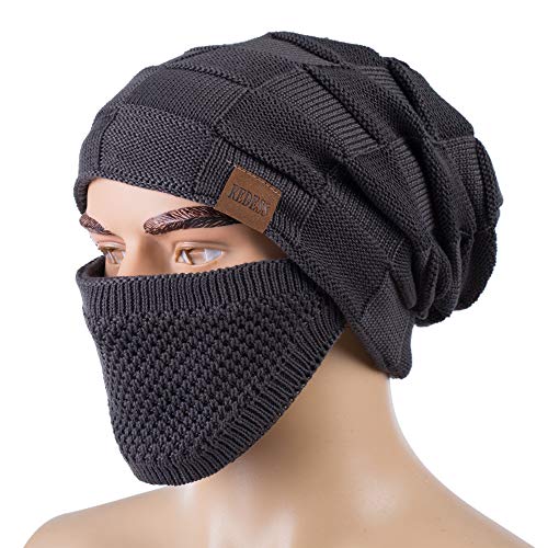 REDESS Beanie Hat for Men and Women Winter Warm Hats Knit Slouchy Thick Skull Cap with Face Cover - color: D3 Pure Dark Gray