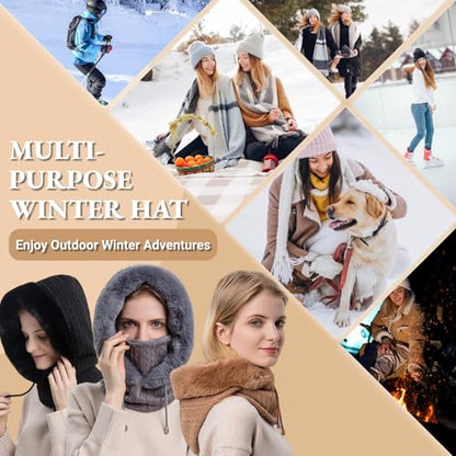 Women’s Knitted Beanie Hat with Face Cover - 3 in 1 Winter Balaclava with Mask Scarf Ear Muffs Pompom Fleece Lined Snow Caps - color: Yellow-c