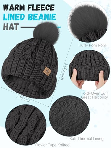 Winter Hat Scarf Gloves Set, Fleece Lined Cable Knit Pompom Hat Women Gift - color: Dark Gray