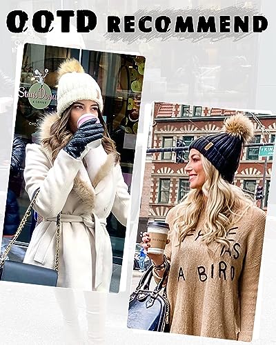 FURTALK Womens Winter Knitted Beanie Hat with Faux Fur Pom Warm Knit Skull Cap Beanie for Women - color: Beige