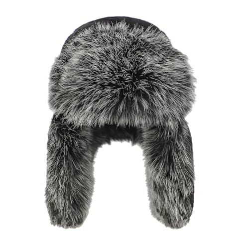 PURFUN Fuzzy Faux Fur Ushanka Russian Hat for Men Women, Winter Plush Full Hood Earflap Cap Cycling Ski Hunting Trapper Hat - color: Black