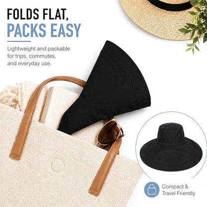 Wide Brim Sun Hat for Women Reversible Beach Bucket Summer Hats Ponytail - color: Black
