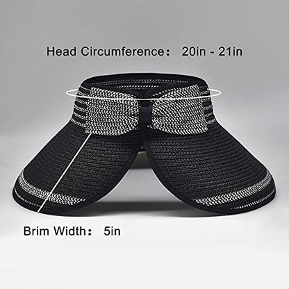 Women Sun Visors Foldable Straw Hats Summer Beach Packable Hat Floppy Wide Brim Cap Deep Style, Adjustable Size - color: Black 2