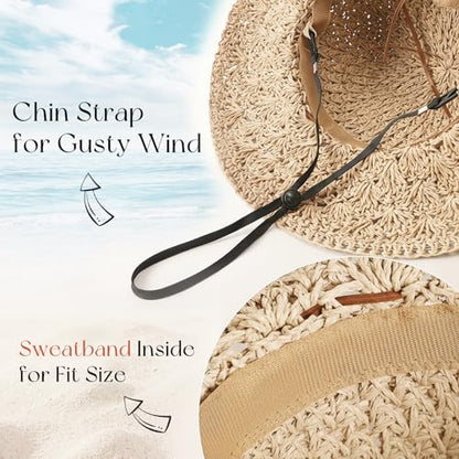 Beach Sun Hats for Women, Wide Brim Straw Hat, UPF 50+ UV Protection - color: Beige -String