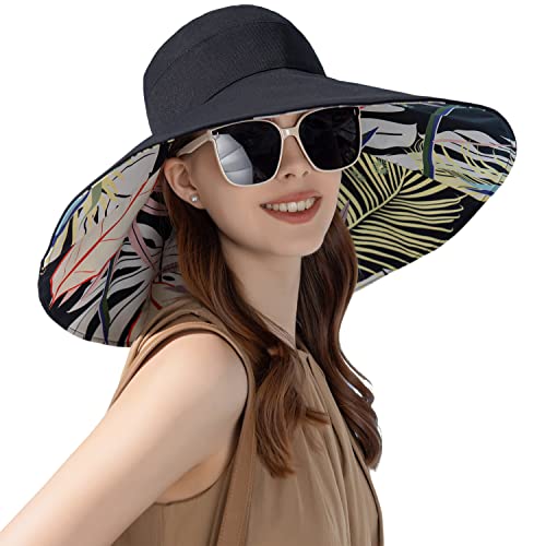 HUAMULAN Wide Brim Women Summer Sun Floppy Hat Reversible Beach Bucket Hat - color: Bg8240-black