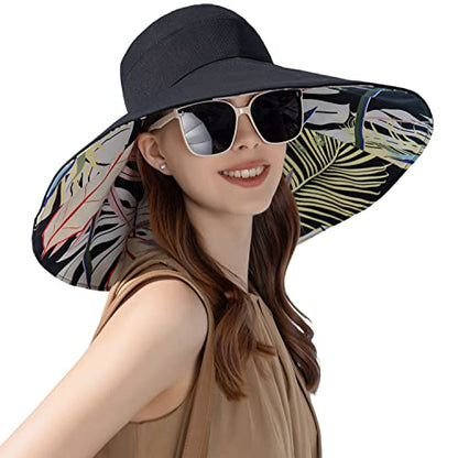 HUAMULAN Wide Brim Women Summer Sun Floppy Hat Reversible Beach Bucket Hat - color: Bg8240-black