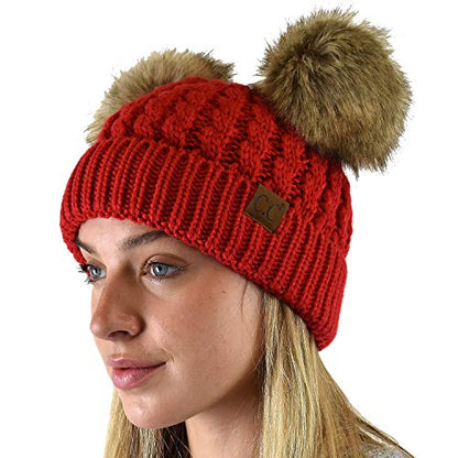 C.C 2 Ear Pom Pom Cable Knit Soft Stretch Cuff Skully Beanie Hat - color: Faux Fur Red