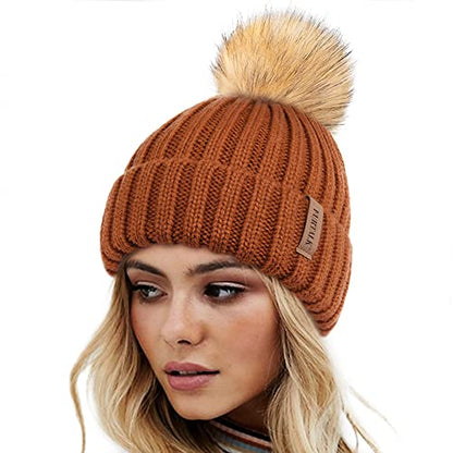 FURTALK Womens Winter Knitted Beanie Hat with Faux Fur Pom Warm Knit Skull Cap Beanie for Women - color: Dark Orange