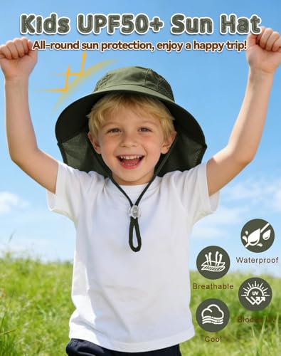 Rosoz Kids Sun Hat with Neck Flap UV Protection Summer Toddler Beach Hat Unisex Ponytail Hat Wide Brim Fishing Hat - color: 1pack-dark Green