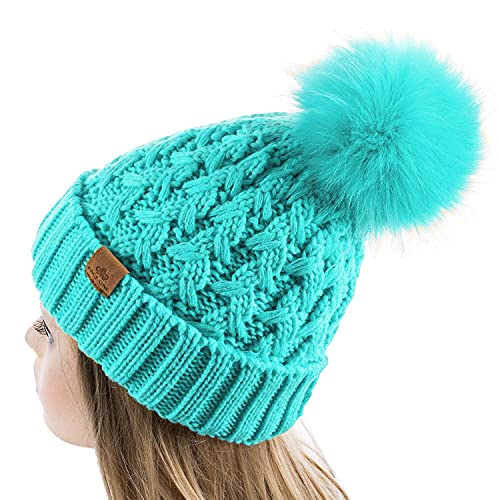 PAGE ONE Womens Winter Ribbed Beanie Crossed Cap Chunky Cable Knit Pompom Soft Warm Hat - color: Green