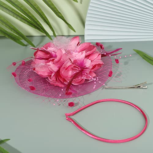 JWICOS Fascinators Hat for Women 50s Flower Hat with Veil Cocktail Wedding Tea Party Church Derby Hat - color: Rose