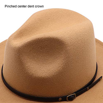 DRESHOW Women Classic Felt Fedora Wide Brim Floppy with Belt Buckle Panama Hat - color: 1 Pack Fedora Hat: Khaki