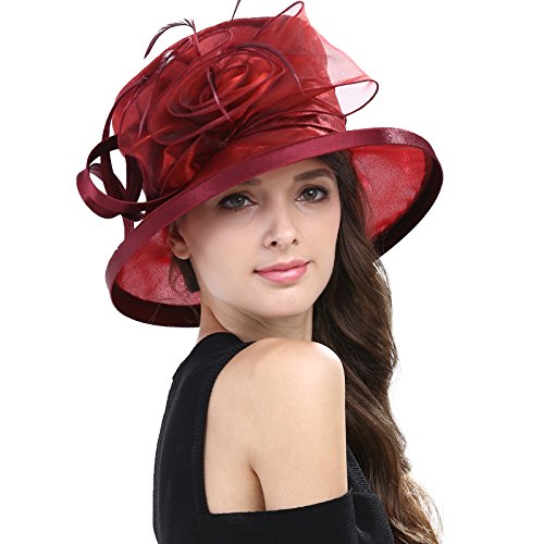 Womens Church Derby Wide Brim Sun Hat Girl Tea Party Headwear Bridal Wedding Fascinator - color: Red