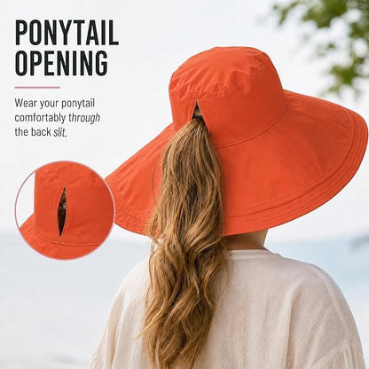 Wide Brim Sun Hat for Women Reversible Beach Bucket Summer Hats Ponytail - color: Orange-red