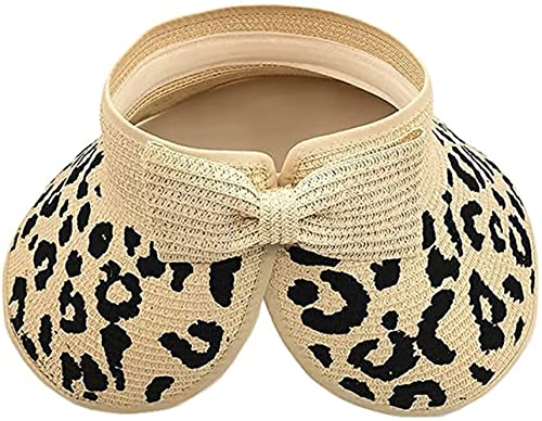 Women Sun Visors Wide Brim Foldable Packable Ponytail Beach Hat Straw Leopard Roll Up Bow Visor Sun Hats - color: Beige