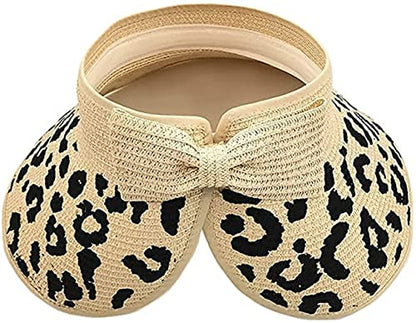 Women Sun Visors Wide Brim Foldable Packable Ponytail Beach Hat Straw Leopard Roll Up Bow Visor Sun Hats - color: Beige