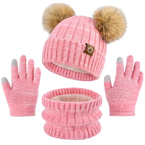 Kids Winter Hat Gloves Scarf Set Girls, Children Beanies Hats with Pom Pom - color: Watermelon Red Mix