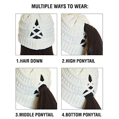 C.C Exclusives Soft Stretch Cable Knit Messy Bun Ponytail Beanie Winter Hat for Women (MB-20A) - color: 0 Criss-cross Lt Mel Grey